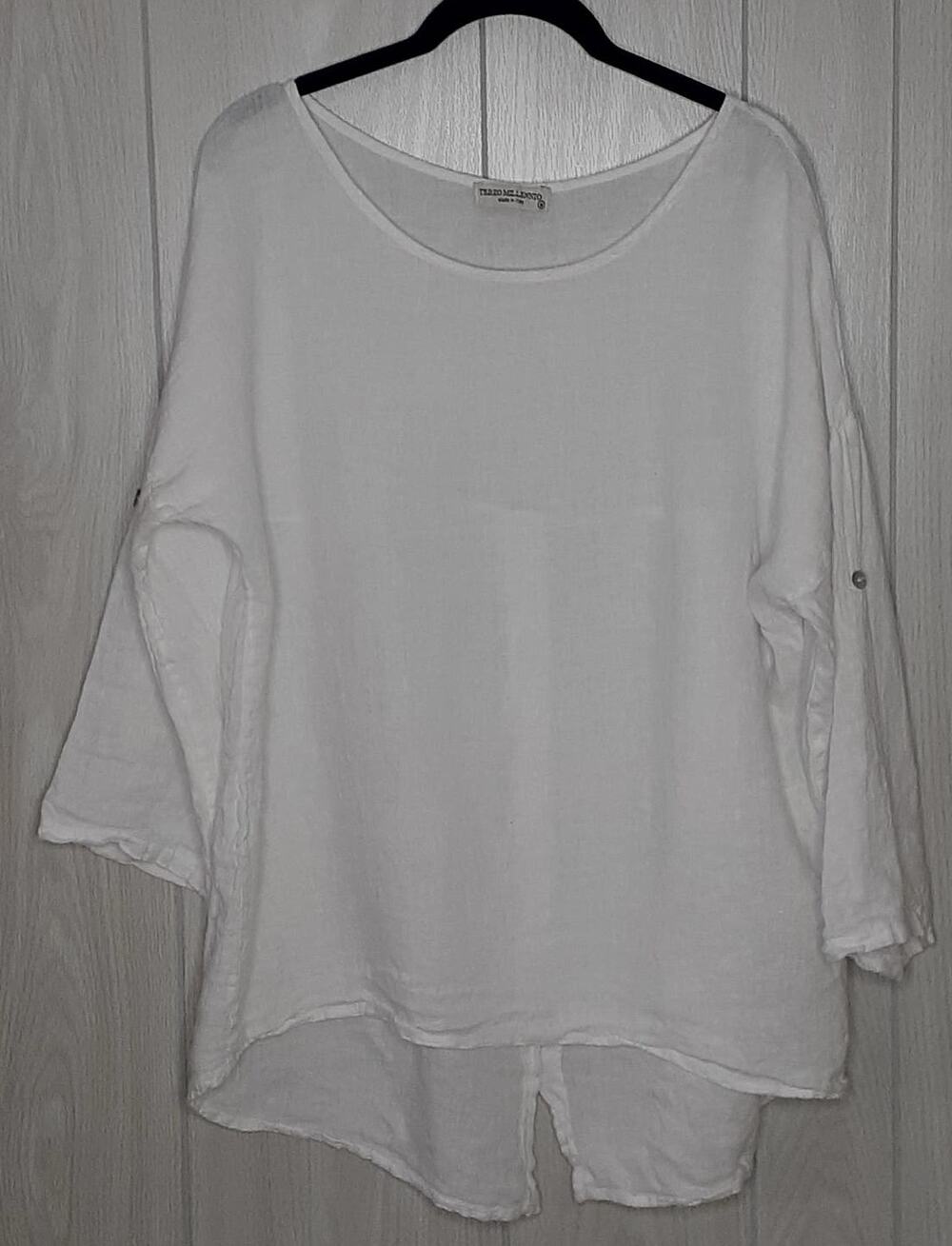Terzo Millennio 100% Linen White Hi-Lo 3/4 Tabbed Sleeve Button Up Back Size M